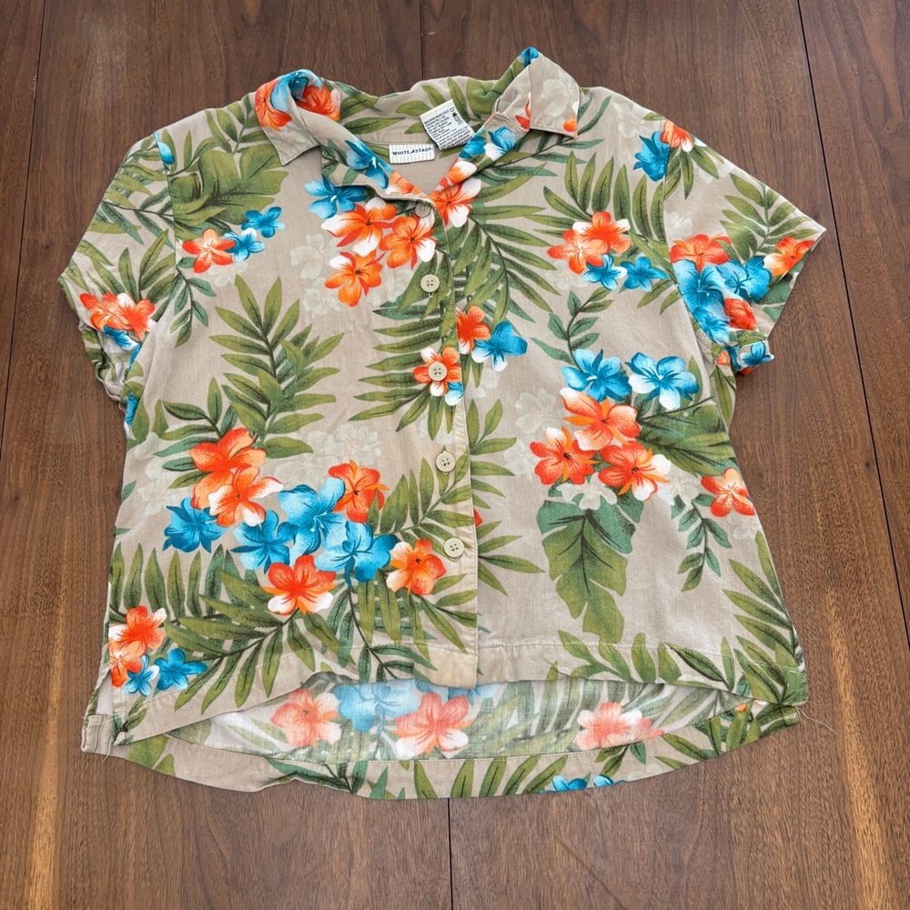 White Stag Floral Button-Down Shirt - Orange, Blue, Green on Tan